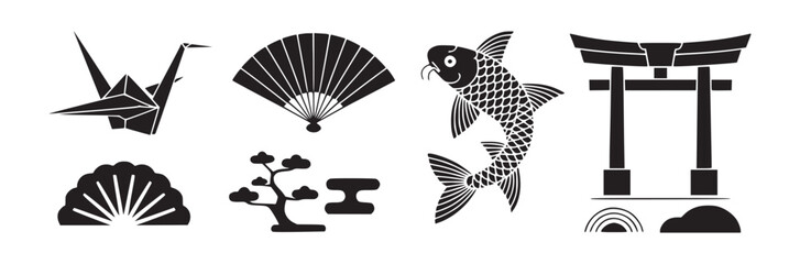 Collection of japanese themed icons including a crane fan fish and torii gate in black and white