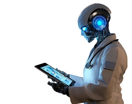 Robot doctor with glowing tablet showing medical charts and data healthcare technology isolated on a transparent background