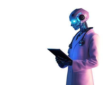 Robot doctor with stethoscope using tablet on background android medical isolated on a transparent background
