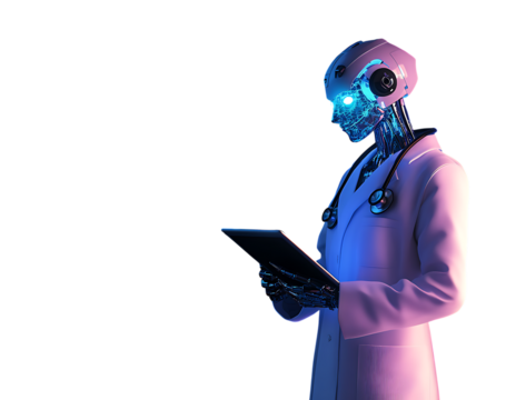 Robot doctor with stethoscope using tablet on background android medical isolated on a transparent background