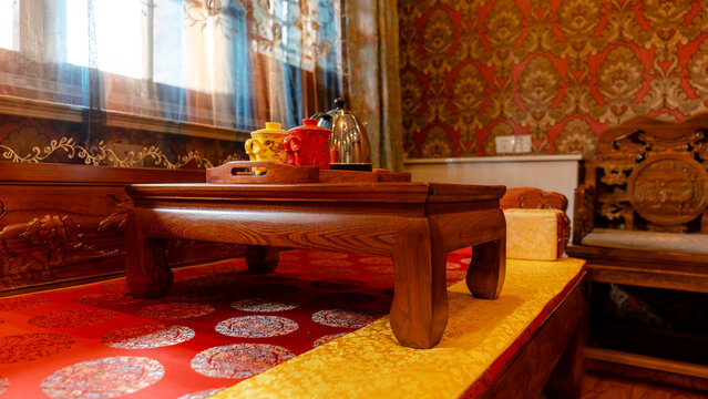Traditional Chinese tea set on wooden table in Pingyao