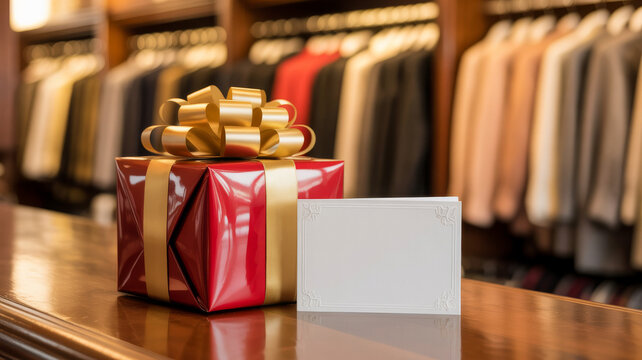 Gift-wrapped present with blank card displayed on wooden counter in stylish clothing store - Powered by Adobe