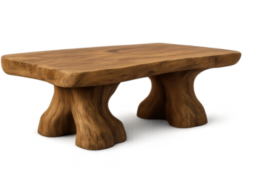 Rustic solid wood coffee table with organic legs, isolated on transparent background