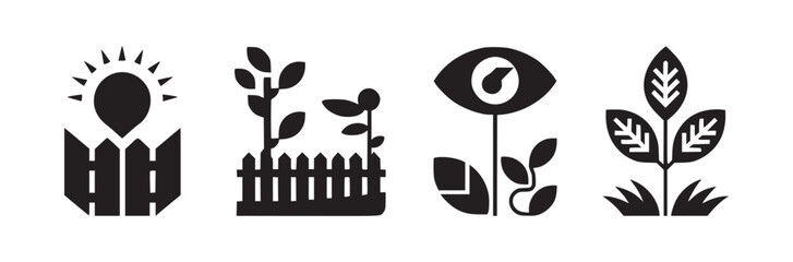 Four black and white garden icons depicting plants, fences, sunlight, and an eye on a flower stem
