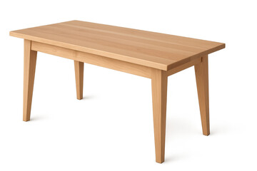 Minimalist light wood rectangular table isolated on transparent background, sleek design