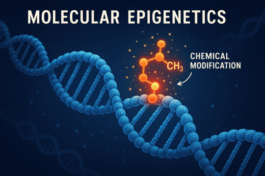 Molecular epigenetics illustration shows chemical modification on dna. Glowing particles in science poster style create an intricate and educational visual for genetics research