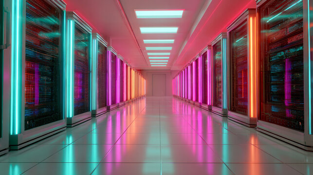 Futuristic data center hallway featuring vibrant neon lights illuminating rows of high-tech servers on glossy reflective flooring in a modern architecture setting