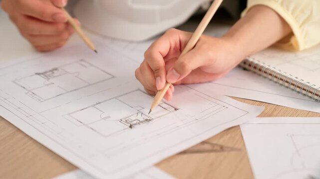 Architect and safety engineer discussion about building blueprint displaying on laptop on table with architectural document and wooden block scatter around at modern office. Closeup. Delineation.