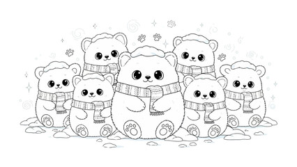 Cozy Bear Family: A delightful illustration featuring a charming family of bears, each wearing a cozy scarf, gathered in a winter scene. It evokes warmth and togetherness. © FARHANA