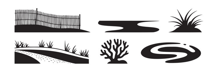 A collection of black and white vector illustrations featuring nature elements and abstract shapes