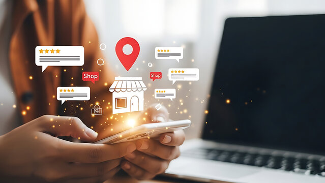 Person using smartphone with digital icons for local business review, rating, and store location marketing concept
