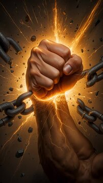 Muscular arm with a clenched fist shatters heavy metal chains in an explosion of power. Overcoming adversity and breaking free from constraints. Close-up lockdown shot.