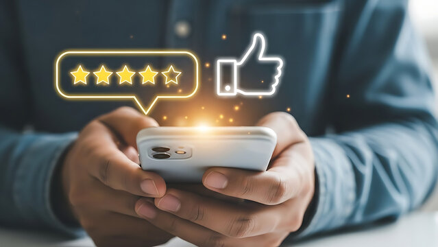 Person giving a five star rating and a like on a mobile phone screen for customer satisfaction review concept