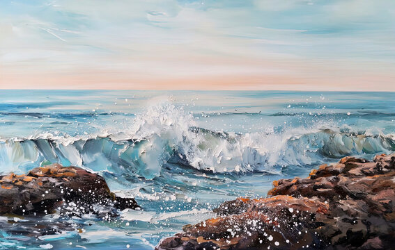 crashing ocean waves on rocky shore &ndash; textured palette knife seascape painting