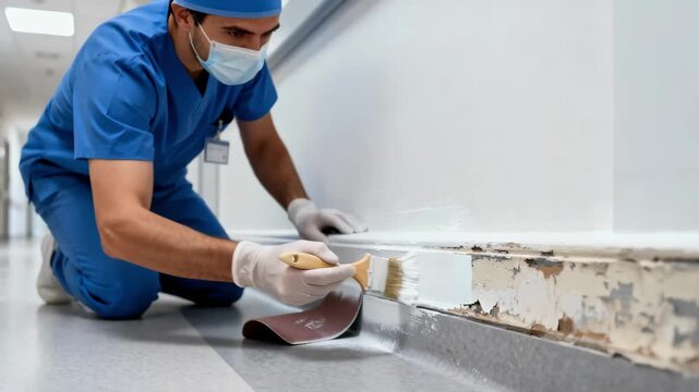 Medium shot of a skilled worker sanding and repainting worn baseboards in a sterile hospital corridor highlighting precision and cleanliness in medical facility maintenance