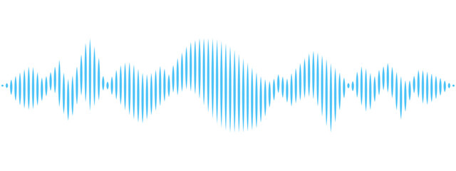 Blue sound wave visualization composed of vertical bars, isolated on white background. Minimal and modern graphic represents audio technology, music, voice recognition, and digital communication.