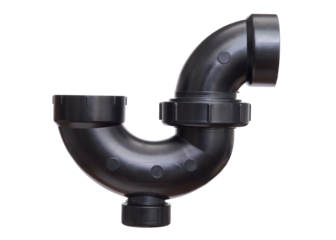 Sink drain trap isolated on a white background, showing a plumbing component used for drainage.