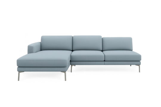 Modern light blue sectional sofa, isolated on a transparent background, stylish