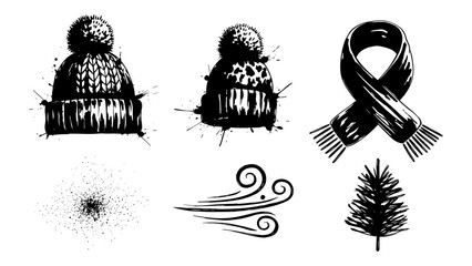 Fototapeta premium Winter fashion and elements: hand-drawn hats, scarf, and seasonal symbols