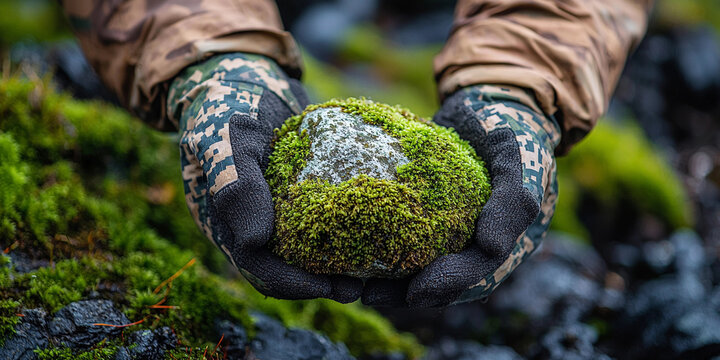 Person holds moss-covered rock in military gloves outdoors Generative AI