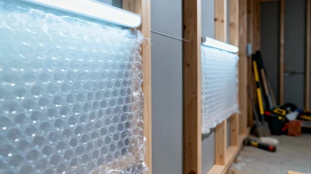 Closeup of cuttingedge aerogel blankets being installed between interior wall studs for superior insulation against heat loss.