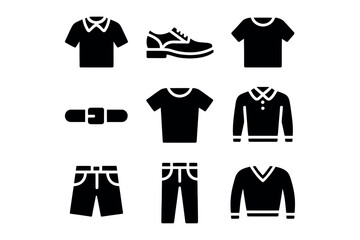 Illustration of various clothing items including shirts pants and a shoe icon set