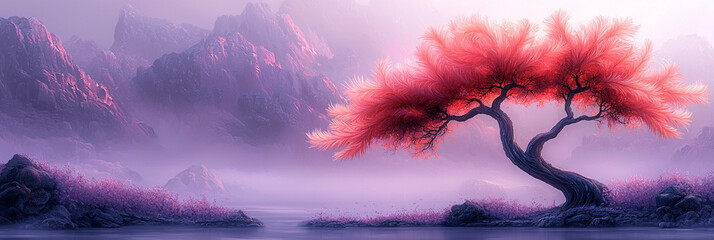 Whimsical tree stands by serene lake at twilight Generative AI