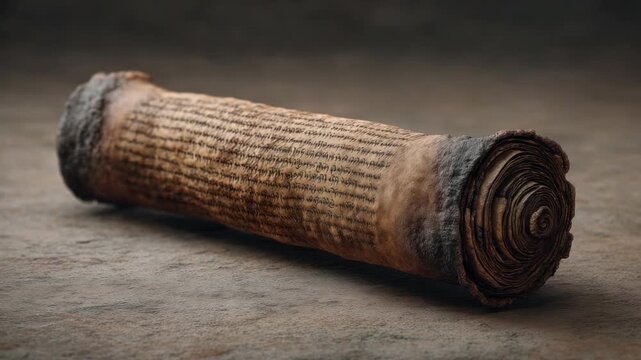 Ancient scroll on a textured background showcasing faded text and historical significance in a captivating light setting. 4k Video footage