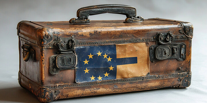 Vintage suitcase with an EU flag sticker and rustic charm Generative AI