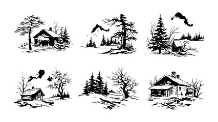 Fototapeta premium Rustic winter landscapes in black and white ink drawings