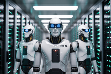 Futuristic robots standing in a server room represent artificial intelligence era