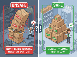 Safe Storage: Comparing safe and unsafe stacking methods, highlighting workplace safety principles.  Safe Storage infographics