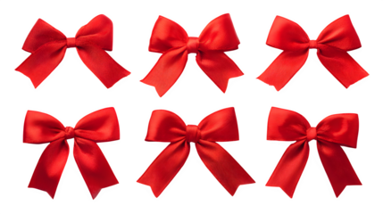 Set of red bows with diagonal corner ribbons for elegant gift wrapping decor isolated on white background