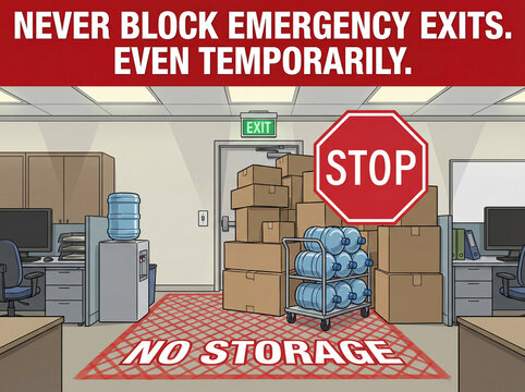 Emergency Exit Blockage Warning: A stark depiction of an office environment highlights the potential hazard of obstructed emergency exits.