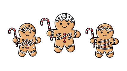 Gingerbread Men's Jolly Gathering: Three cheerfully smiling gingerbread men, each holding a candy cane, bring festive holiday joy and sweetness to the scene.