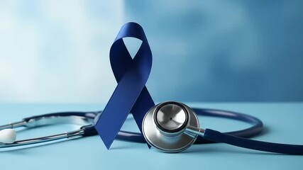 Blue ribbon awareness with stethoscope with healthcare, and medical symbol on blue background.