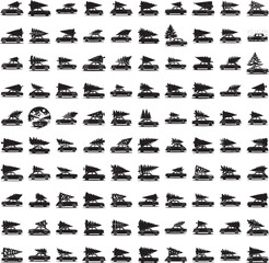 Retro car carrying fir trees silhouette set isolated on white backgroundRetro car carrying fir trees silhouette set isolated on white background