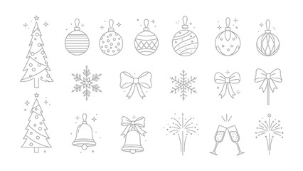 Holiday Ornaments and Decorations: A collection of festive line drawings features various christmas ornaments, pine trees, snowflakes, bows, bells, champagne glasses and fireworks.