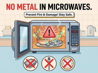 Microwave Safety: A cautionary illustration shows a microwave with food and metal sparking, highlighting the NO METAL IN MICROWAVES guideline for preventing fire and damage, ensure safety. Microwave 