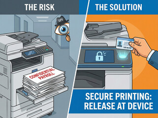 Secure Printing Illustration: A graphic depiction contrasting the risks of unsecured printing with a secure solution. Illustrating the need for protecting documents.