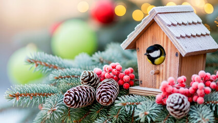 A cute tit peeks out of a cozy wooden birdhouse among fir branches, cones and red berries. Caring for birds in winter during the cold season