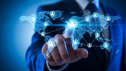 Businessman hand touching a glowing digital world map with network connection icons representing global business and technology