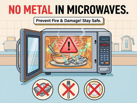 Microwave Safety: A cautionary illustration shows a microwave with food and metal sparking, highlighting the NO METAL IN MICROWAVES guideline for preventing fire and damage, ensure safety. Microwave 