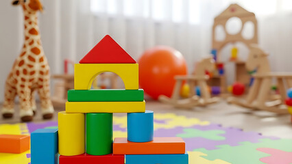 Colorful wooden building blocks stacked into a castle structure in a playroom