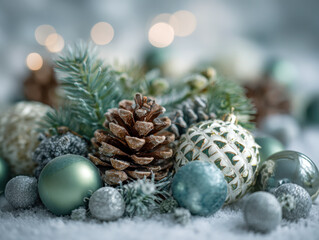 Obraz premium Frosted pinecones and evergreen branches surrounded by an assortment of teal and silver decorative ornaments on a snowy surface with soft bokeh lights in background