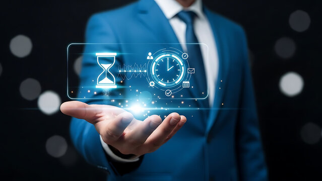 Businessman hand holding glowing digital interface showing hourglass and clock representing time management and efficiency concept