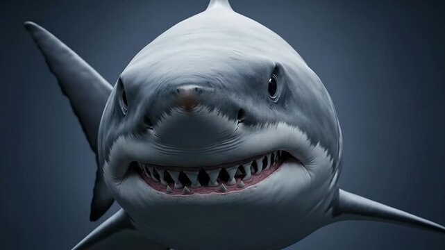 Great White Shark Close-Up with Open Mouth and Sharp Teeth Underwater.