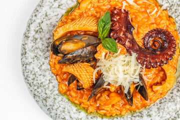 Gourmet seafood risotto with octopus, mussels, squid and parmesan served on a textured plate. top...