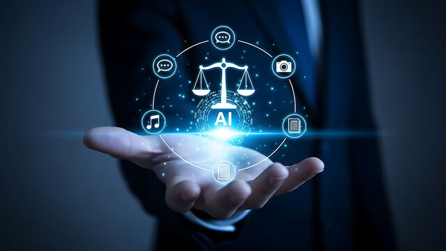 Businessman holding glowing digital interface with scales of justice and ai symbol surrounded by technology icons