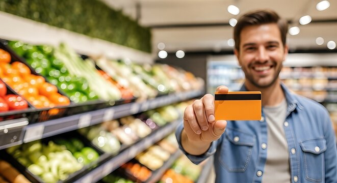 Young man smiling while holding a credit card in front of a colorful grocery store produce section, showcasing fresh fruits and vegetables in a vibrant shopping environment - Powered by Adobe